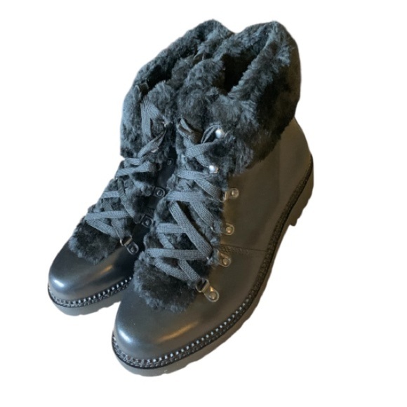 LANDSEND Women’s Leather Faux Fur Cuff Booties, Side Zip - Picture 1 of 15